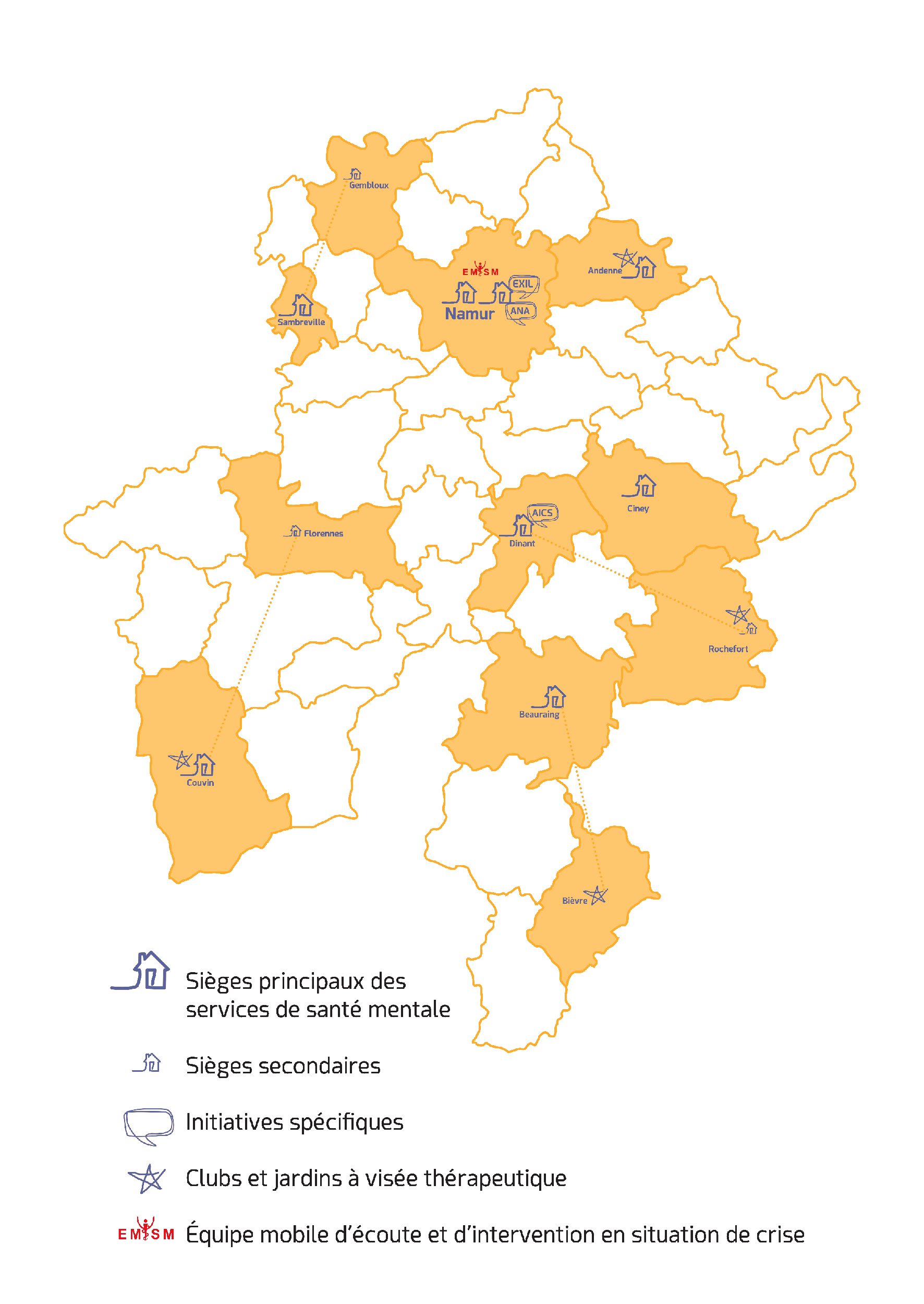 Carte des différents sièges de services de santé mentale en Province de Namur